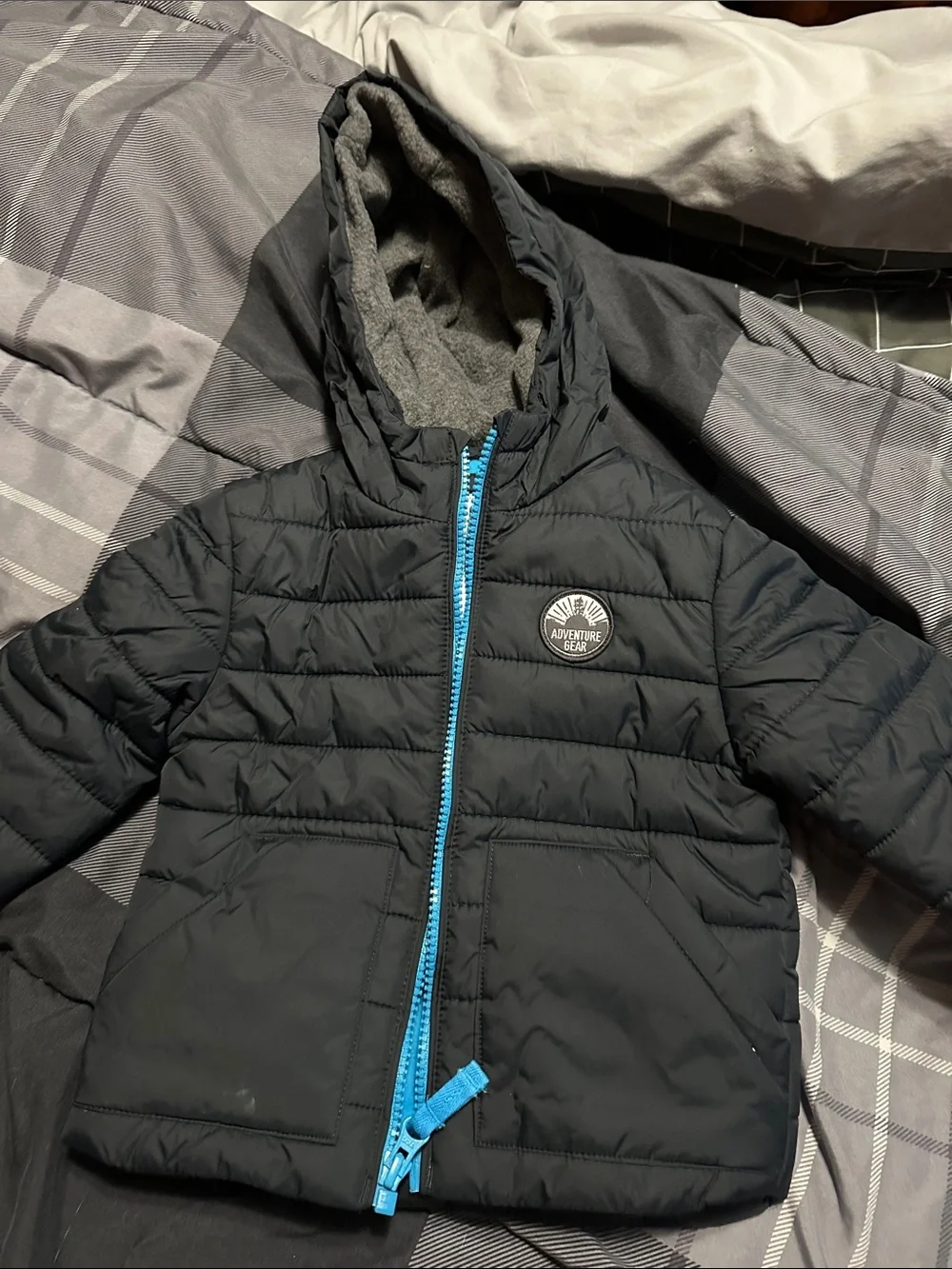 Carter's Black Hooded Puffer Jacket with Blue Zipper